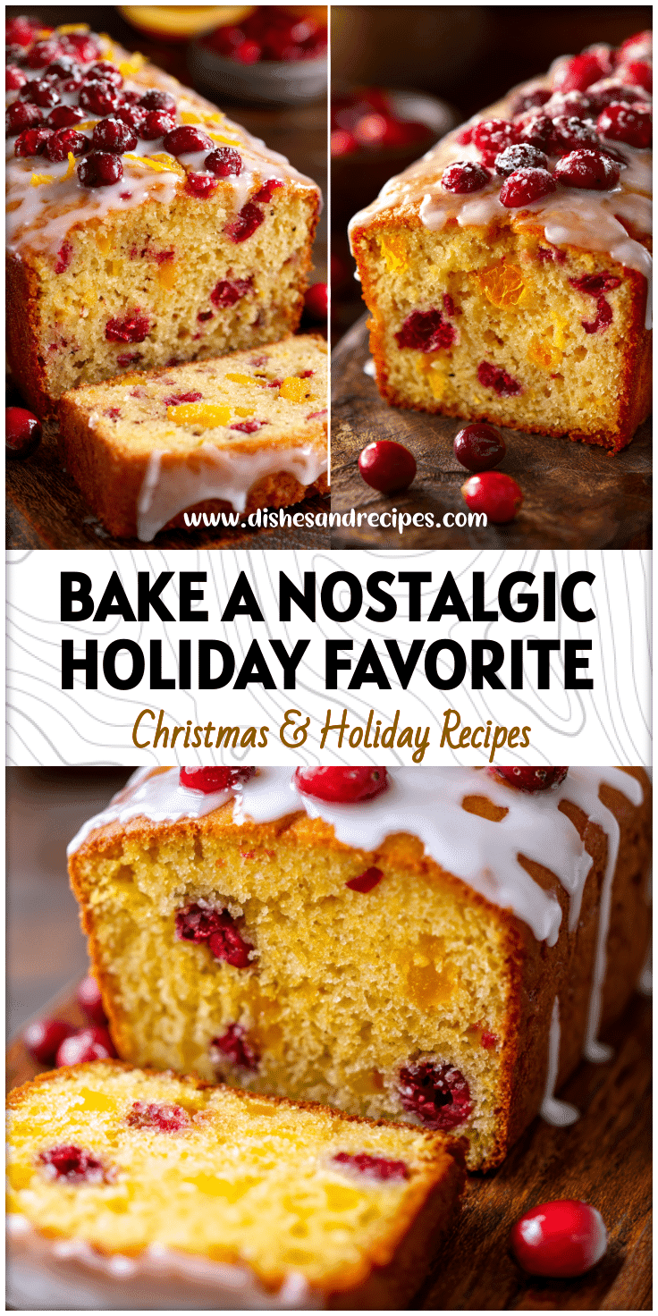 Sliced cranberry orange bread with bright glaze and cranberries styled for festive holiday baking.